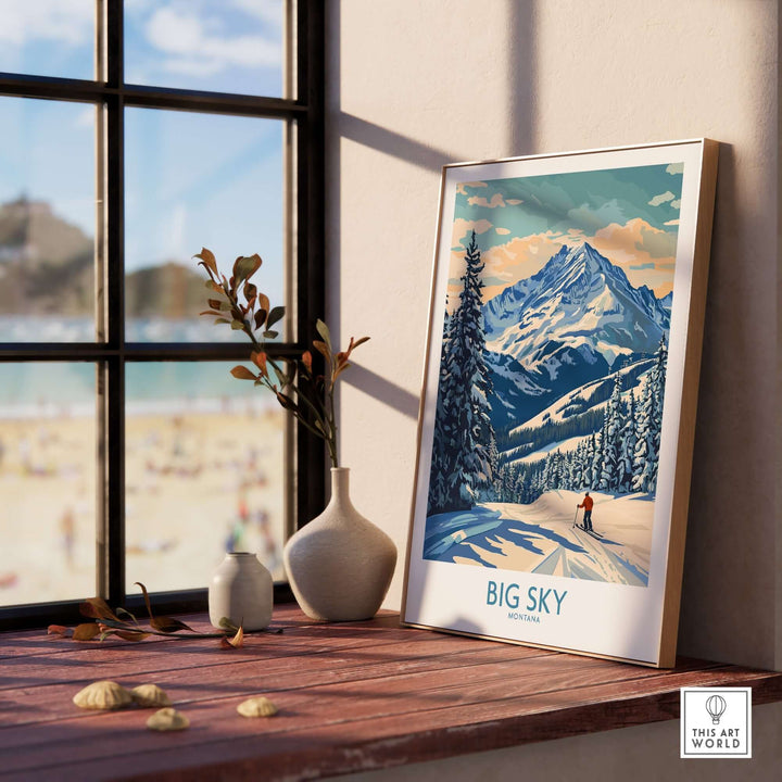 Big Sky Wall Art Print displayed near a window, showcasing a vibrant mountain landscape that evokes a sense of nature and adventure.