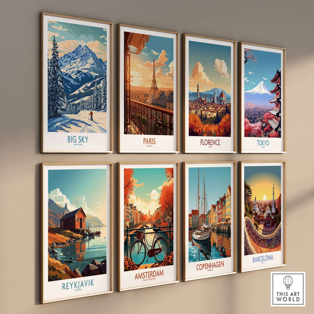 Colorful art prints of iconic cities including Big Sky, Paris, Florence, Tokyo, Reykjavik, Amsterdam, Copenhagen, and Barcelona.