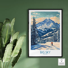 Big Sky Wall Art Print showcasing a snowy mountain landscape and pine trees, enhancing home decor with nature-inspired beauty.