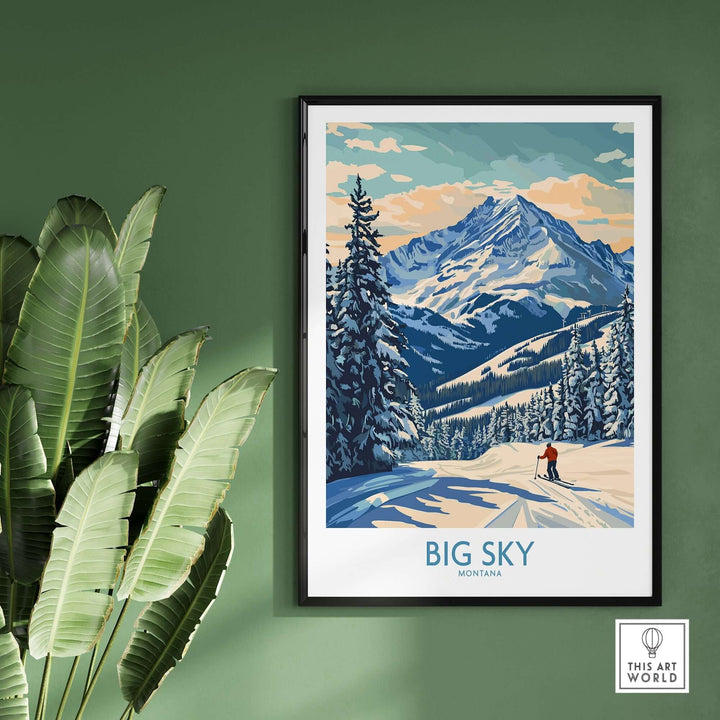 Big Sky Wall Art Print showcasing a snowy mountain landscape and pine trees, enhancing home decor with nature-inspired beauty.