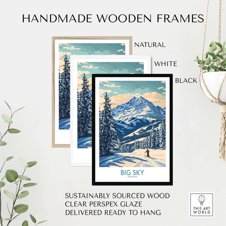 Big Sky wall art print displayed in three handmade wooden frames: natural, white, and black, ready to hang.