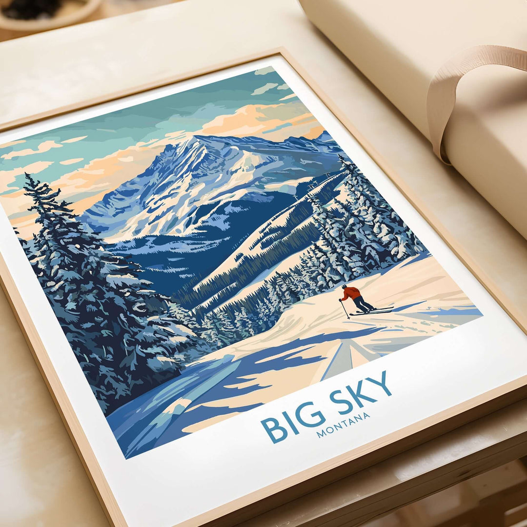 Big Sky Wall Art Print featuring a skier in a snowy landscape with mountains, evoking nature's beauty and serenity.