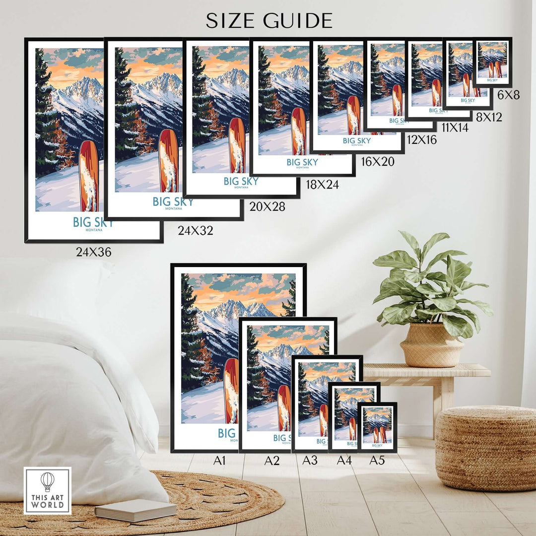 Size guide for Big Sky Wall Art Ski Poster showing various frame sizes in a stylish interior setting.