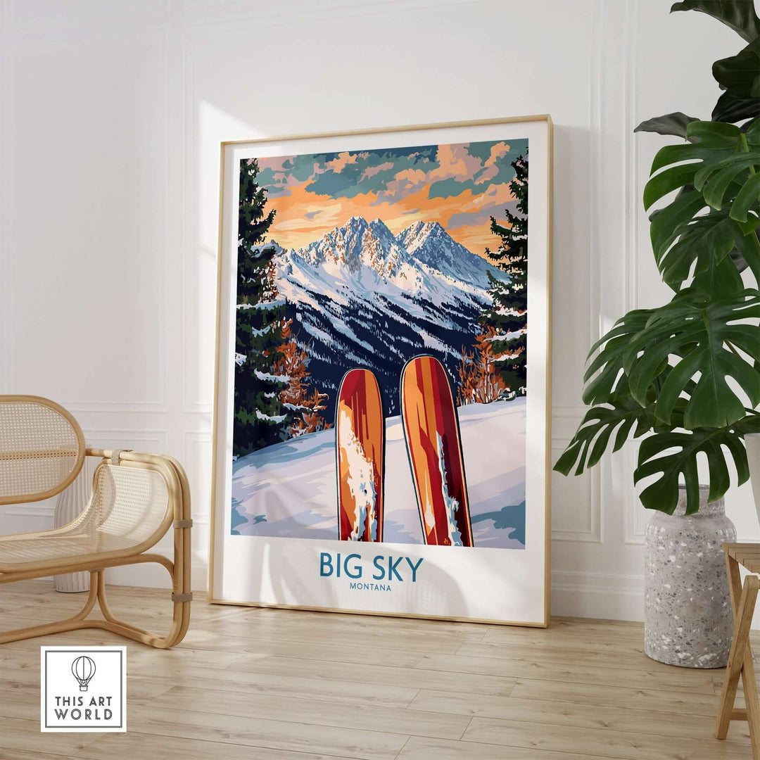 Big Sky wall art ski poster featuring vibrant colors and mountain scenery, perfect for ski enthusiasts' home decor.