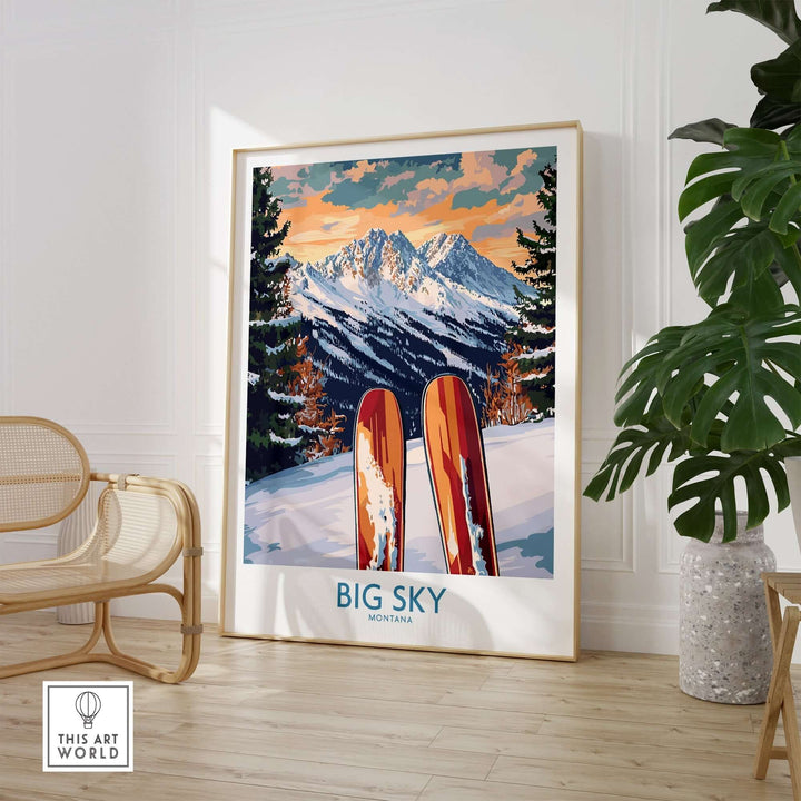 Big Sky wall art ski poster featuring vibrant colors and mountain scenery, perfect for ski enthusiasts' home decor.