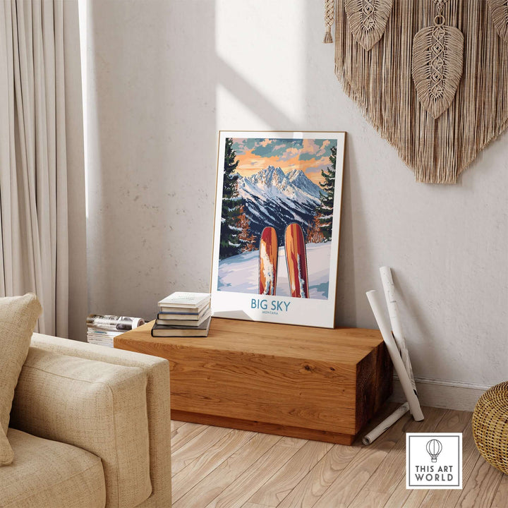 Big Sky Wall Art Ski Poster featuring vibrant colors and dynamic design in a cozy home setting. Perfect for ski enthusiasts.