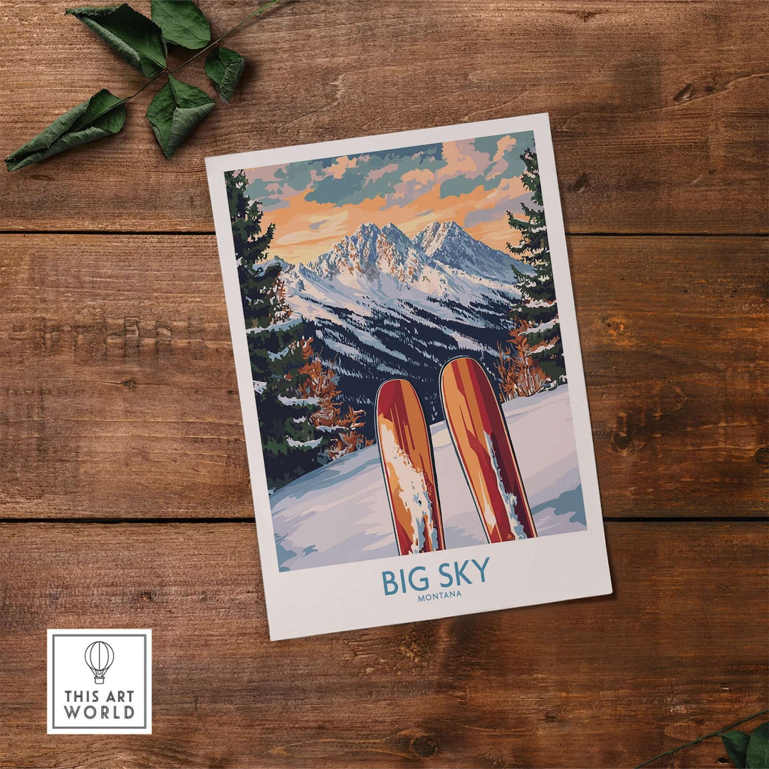 Big Sky Wall Art Ski Poster featuring vibrant ski gear against a mountain backdrop, perfect for adventure-themed home decor.