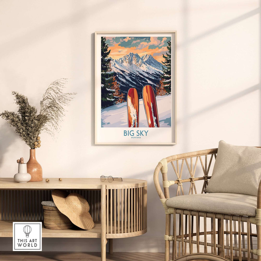 Big Sky wall art ski poster featuring vibrant colors and mountain scenery, displayed in a stylish home interior setting.