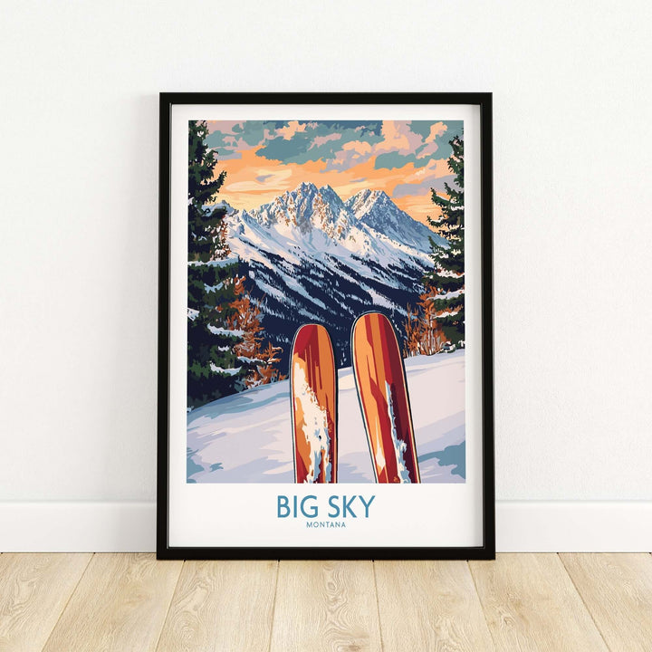 Vibrant Big Sky ski wall art poster featuring skis in the snow and mountains, perfect for ski enthusiasts and home decor.