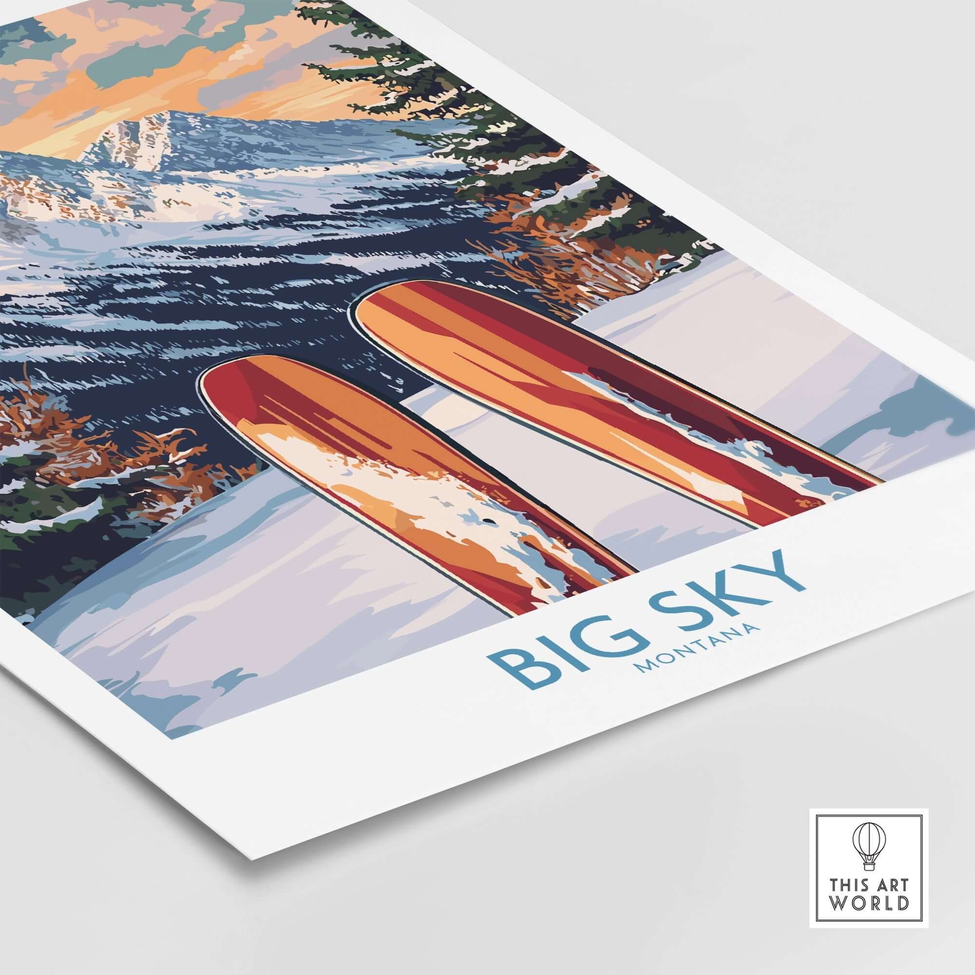 Big Sky Wall Art Ski Poster featuring vibrant skis and snowy mountains, perfect for ski enthusiasts and home decor.
