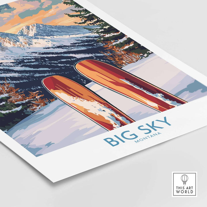 Big Sky Wall Art Ski Poster featuring vibrant skis and snowy mountains, perfect for ski enthusiasts and home decor.