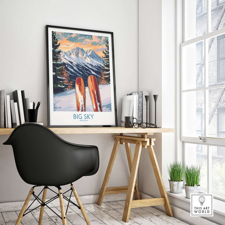 Big Sky Wall Art Ski Poster displayed in a modern workspace, featuring vibrant mountain and ski imagery.