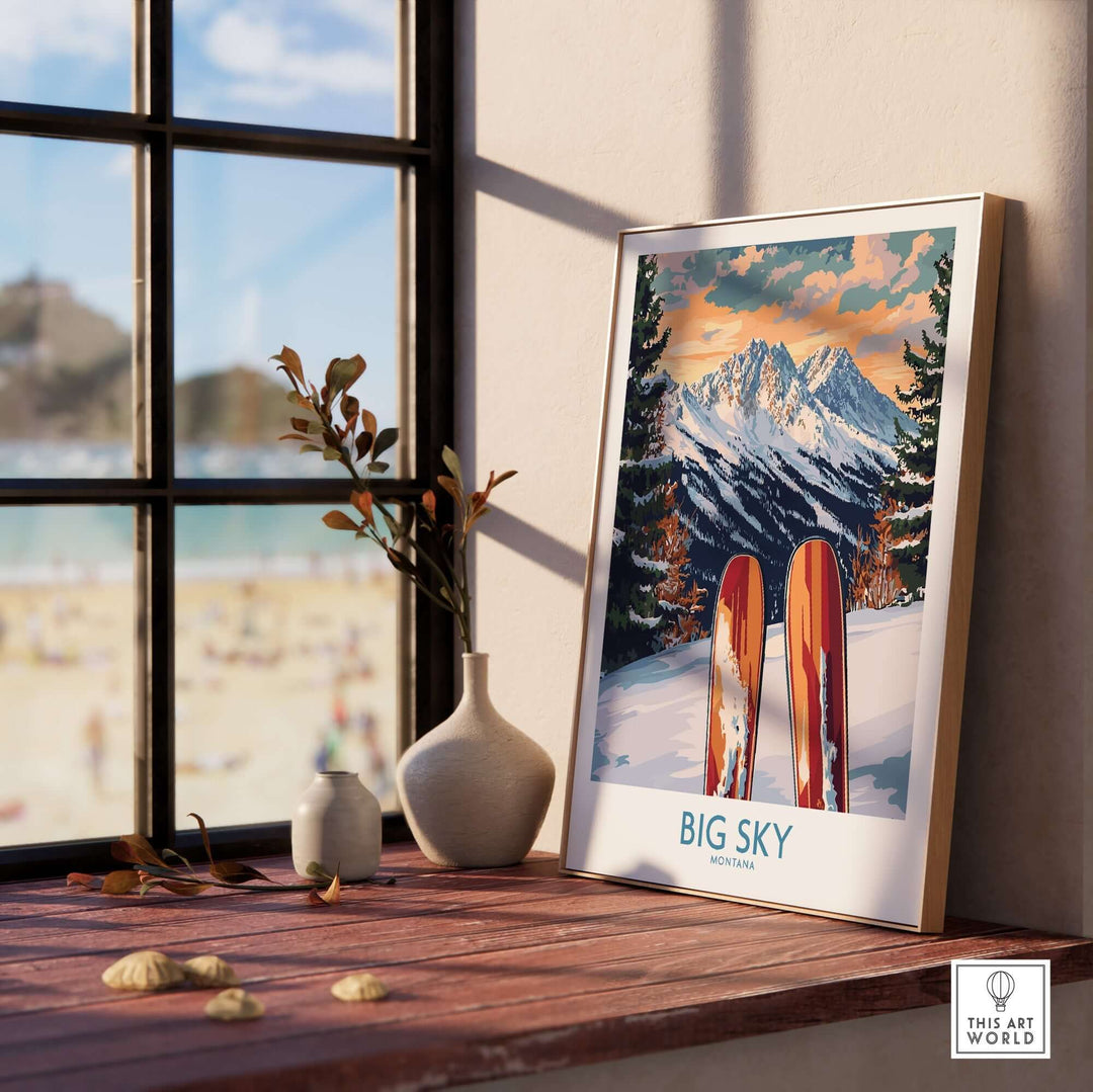 Big Sky Wall Art Ski Poster featuring mountains and vintage skis, ideal for ski enthusiasts and home decor lovers.