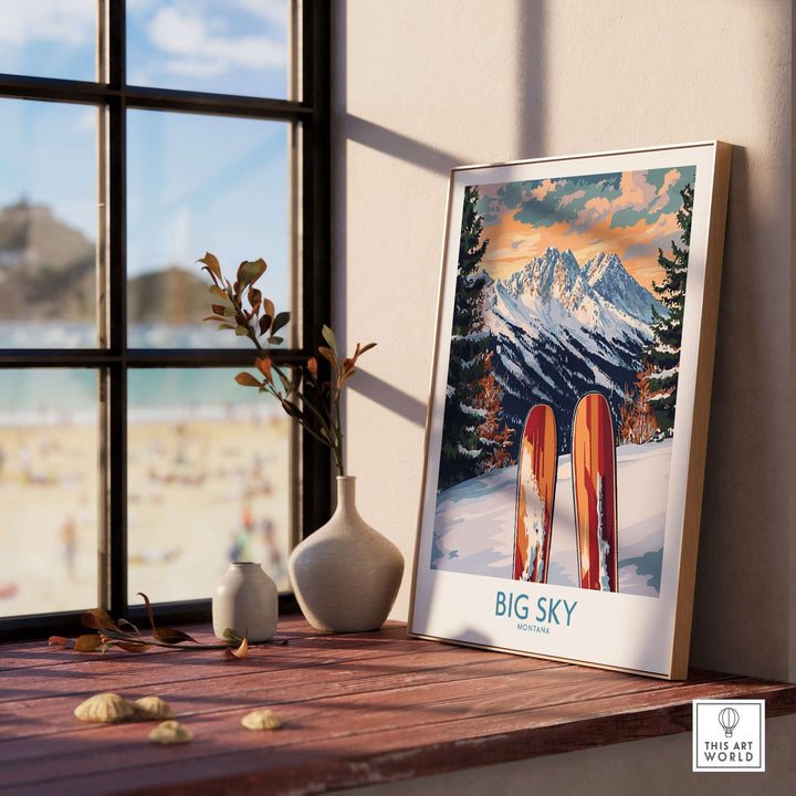 Big Sky Wall Art Ski Poster featuring mountains and vintage skis, ideal for ski enthusiasts and home decor lovers.