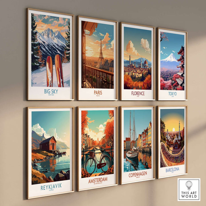 Big Sky Wall Art Ski Poster and city posters of Paris, Florence, Tokyo, Reykjavik, Amsterdam, Copenhagen, and Barcelona.