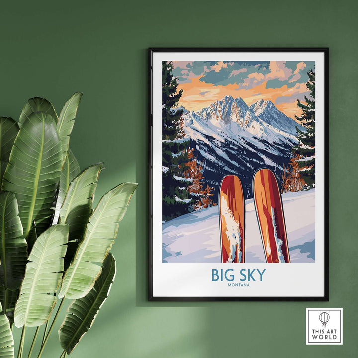 Big Sky Wall Art Ski Poster featuring vibrant colors, mountains, and skis, perfect for ski enthusiasts and home decor.