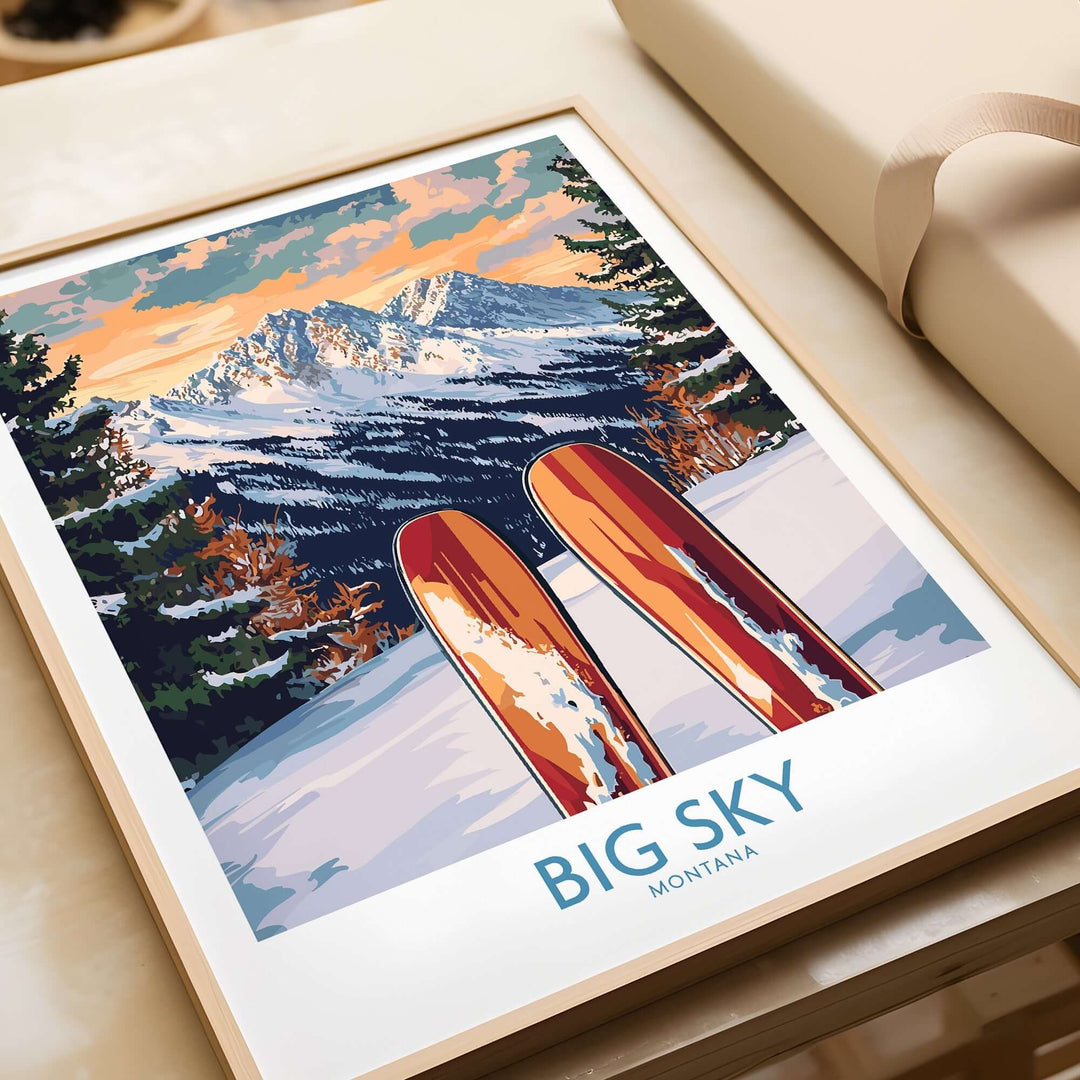 Big Sky Wall Art Ski Poster featuring vibrant skis and a mountainous landscape, perfect for ski enthusiasts and home decor.