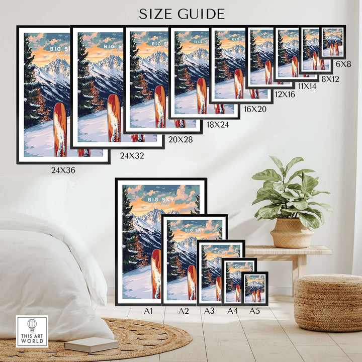 Size guide for Big Sky Wall Art Ski Print featuring various frame sizes and a stylish home decor setting.