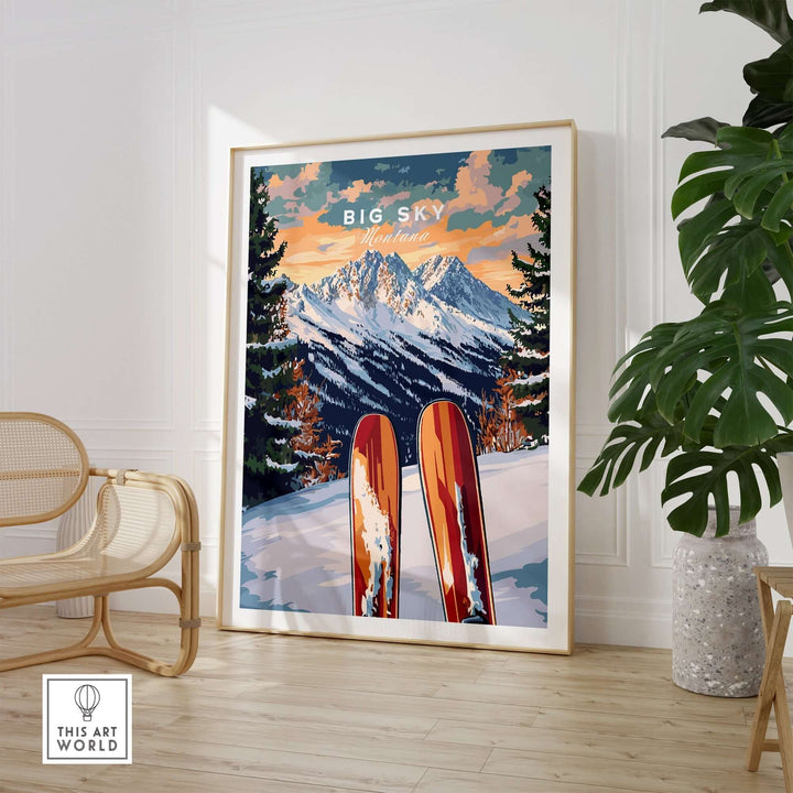 Big Sky Wall Art Ski Print featuring vibrant mountains and skis, ideal for ski enthusiasts' home decor.