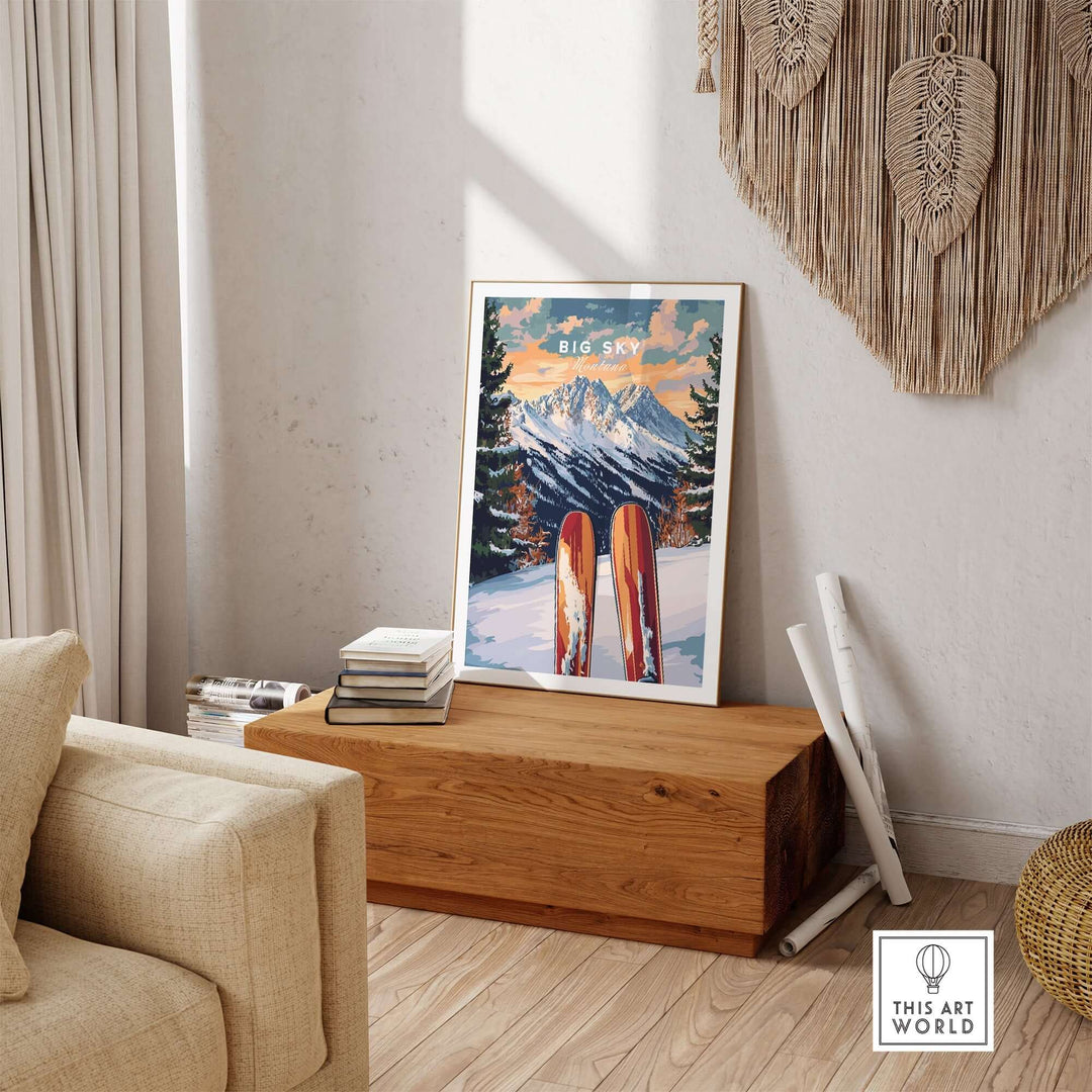 Big Sky wall art ski print featuring vibrant colors and snowy mountains, perfect for ski enthusiasts and home decor.