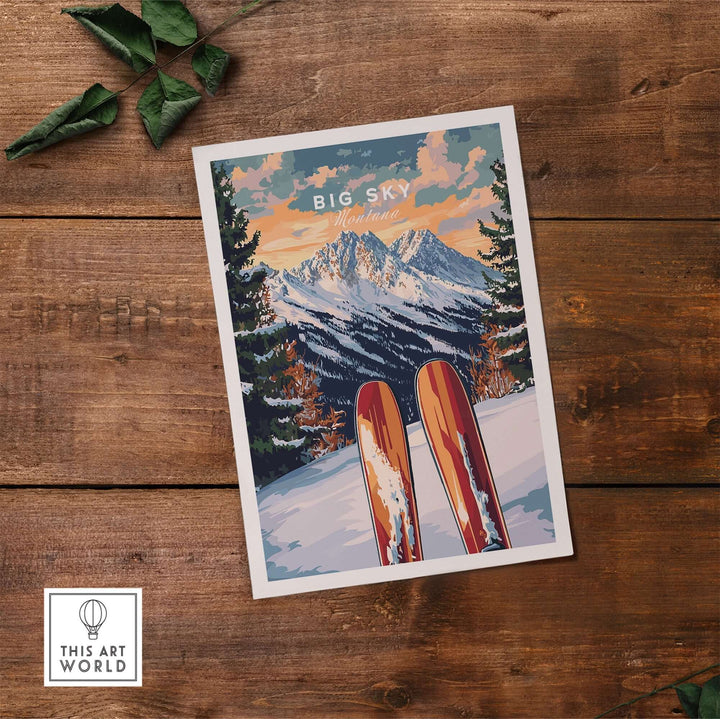 Big Sky Wall Art Ski Print featuring vibrant mountains and vintage skis, perfect for ski enthusiasts and home decor.