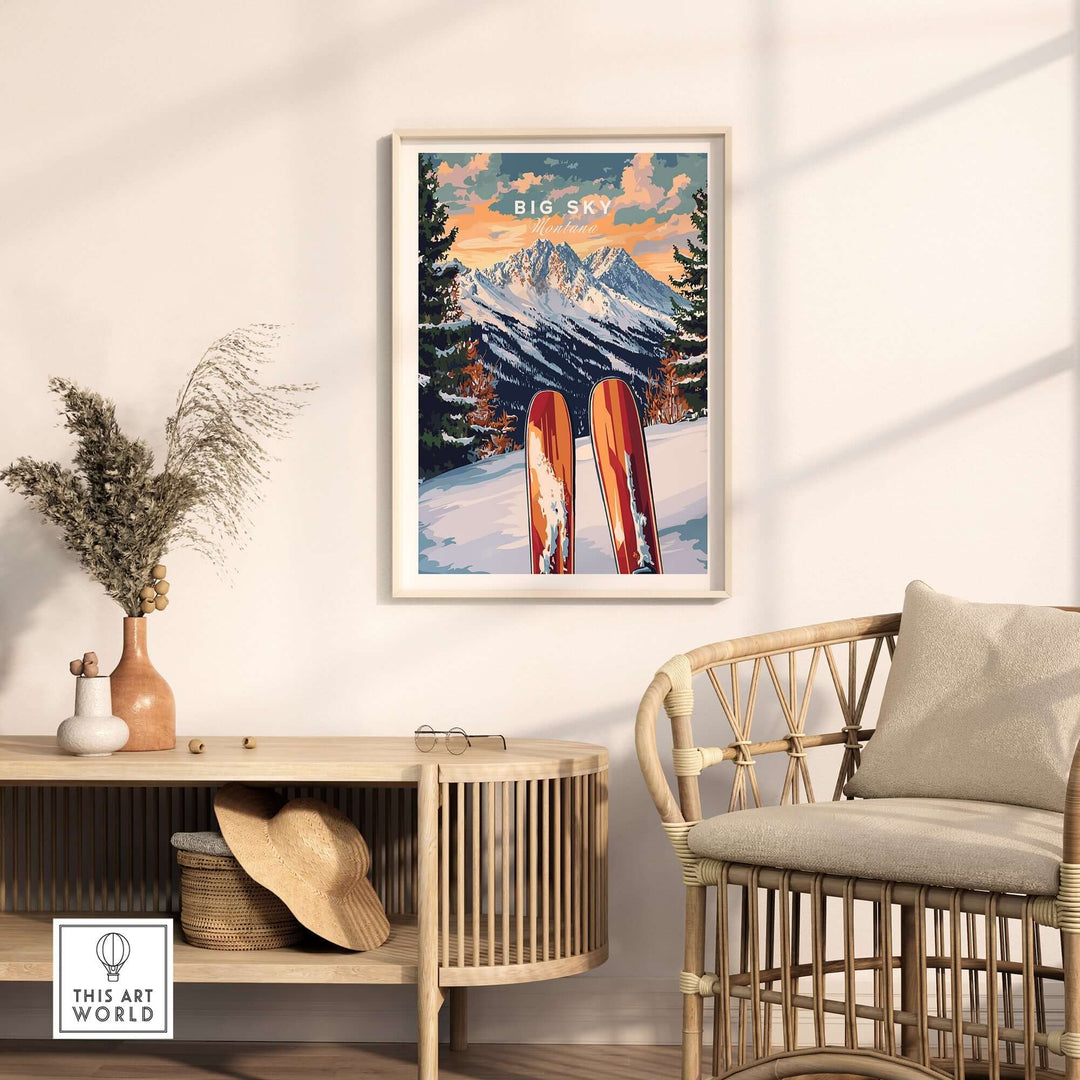 Big Sky Wall Art Ski Print featuring vibrant colors and scenic mountains, perfect for ski enthusiasts and home decor.