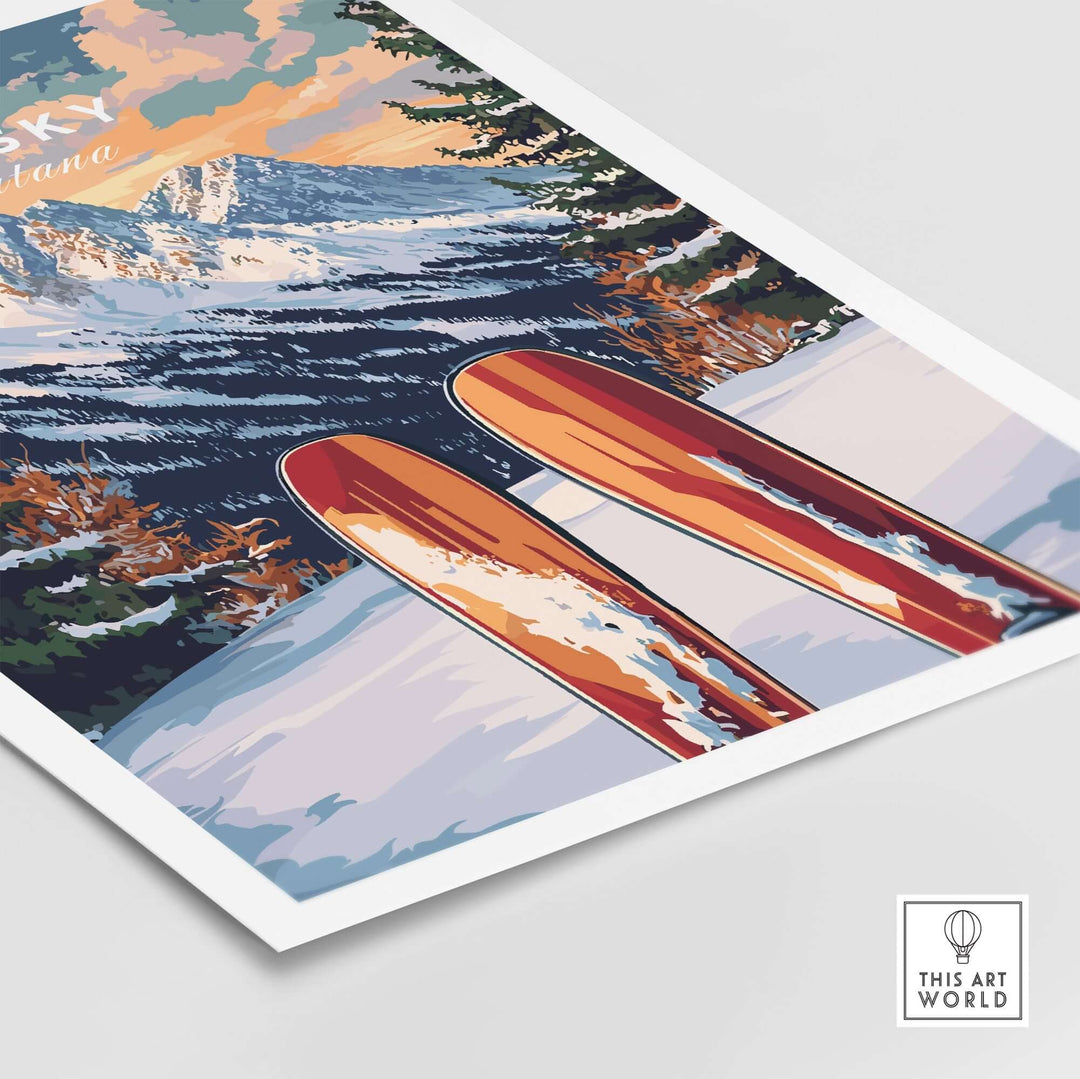 Big Sky Wall Art Ski Print featuring vibrant skis against a scenic mountain backdrop, perfect for ski enthusiasts and home decor.