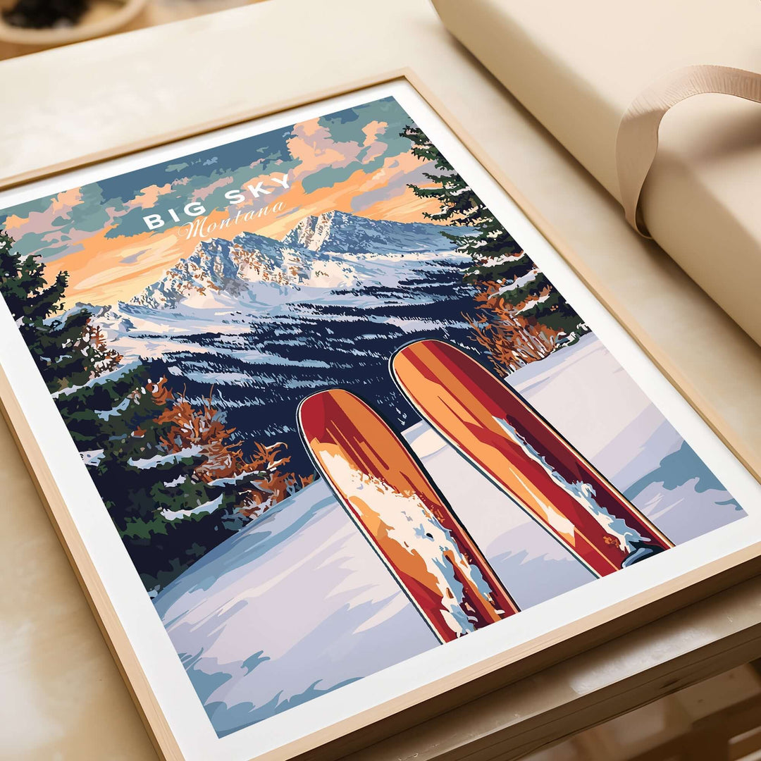 Big Sky Wall Art Ski Print featuring vibrant mountains and skis, perfect for ski enthusiasts' home decor.