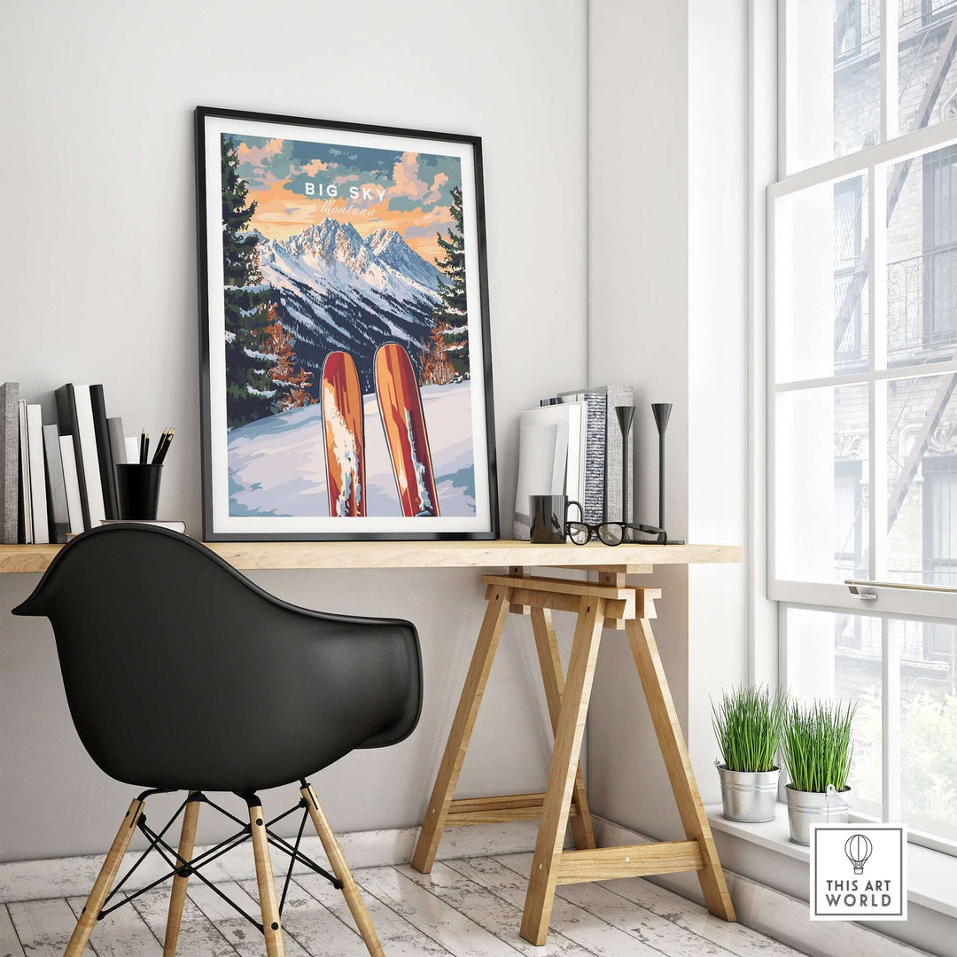 Big Sky Wall Art Ski Print displayed in a stylish interior, featuring skis and mountain scenery perfect for ski enthusiasts.