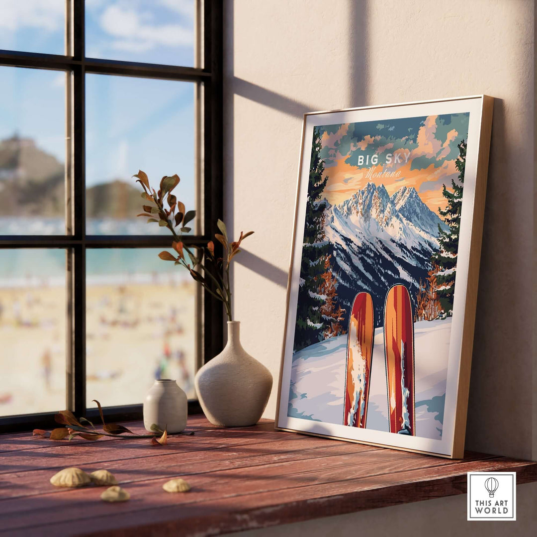 Big Sky Wall Art Ski Print featuring vibrant mountains and skis, perfect for ski enthusiasts' home decor.