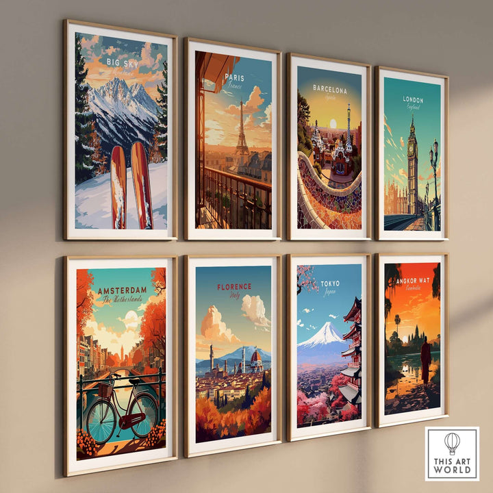 Colorful wall art prints featuring cityscapes and ski-themed designs, including Big Sky and iconic landmarks.