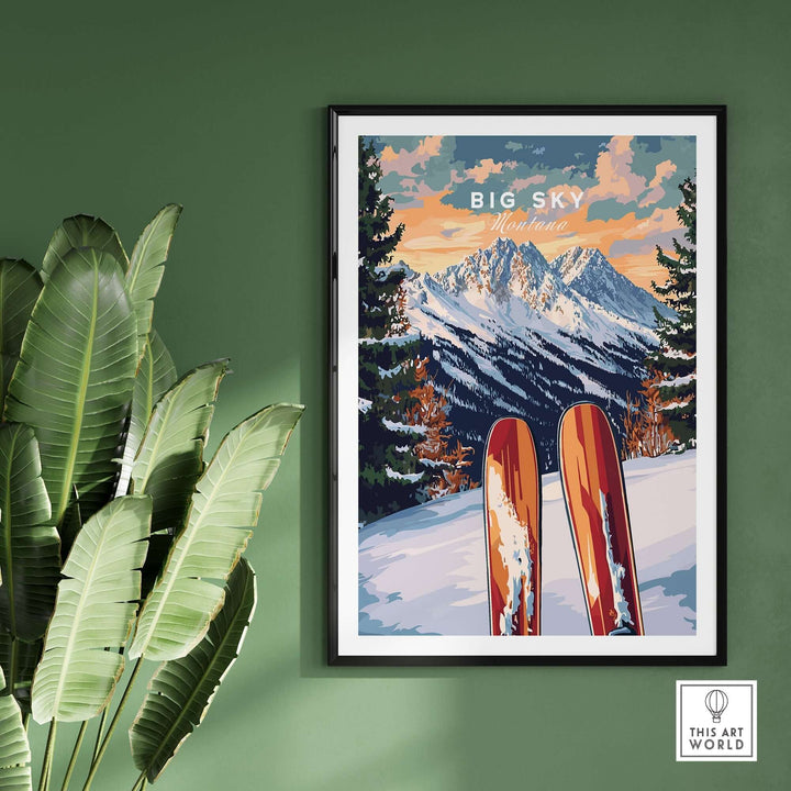 Big Sky wall art ski print featuring vibrant mountains and skis, perfect for any ski enthusiast's home decor.