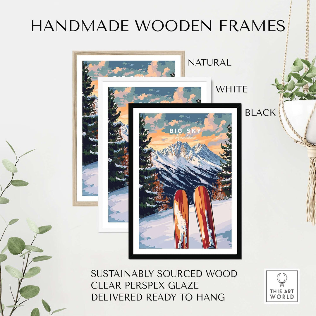 Handmade wooden frames for Big Sky wall art, available in natural, white, and black finishes, showcasing a ski print.