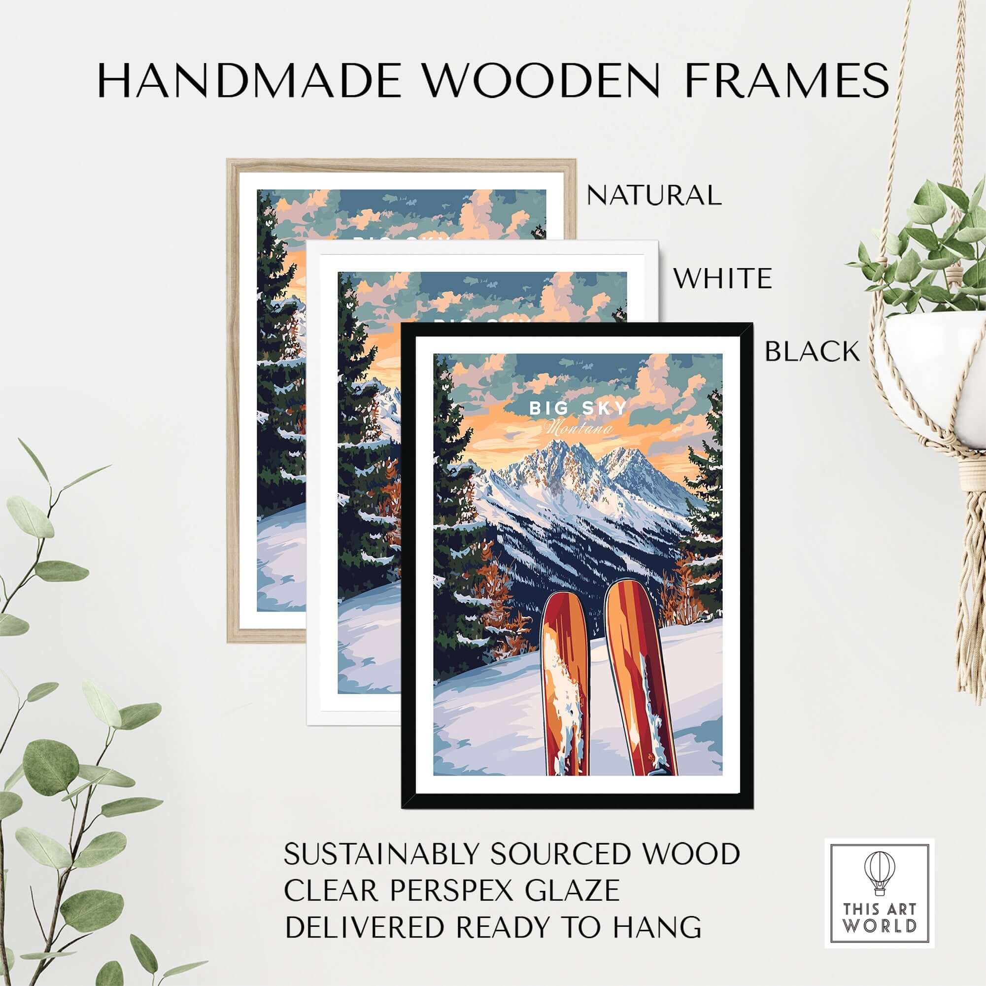 Handmade wooden frames for Big Sky wall art, available in natural, white, and black finishes, showcasing a ski print.