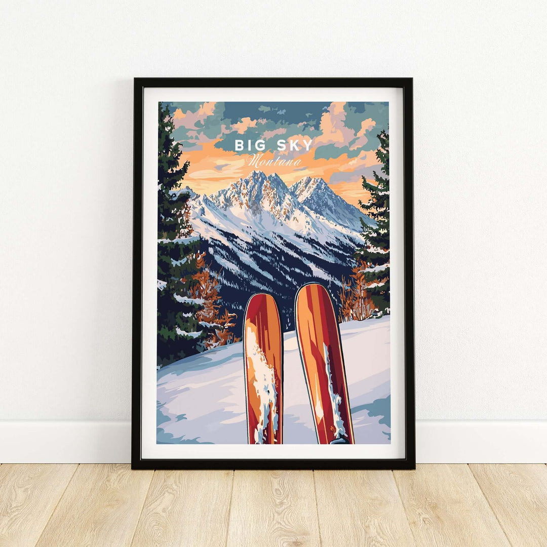 Big Sky Wall Art Ski Print featuring vibrant mountain scenery and vintage skis, ideal for ski enthusiasts and home decor.