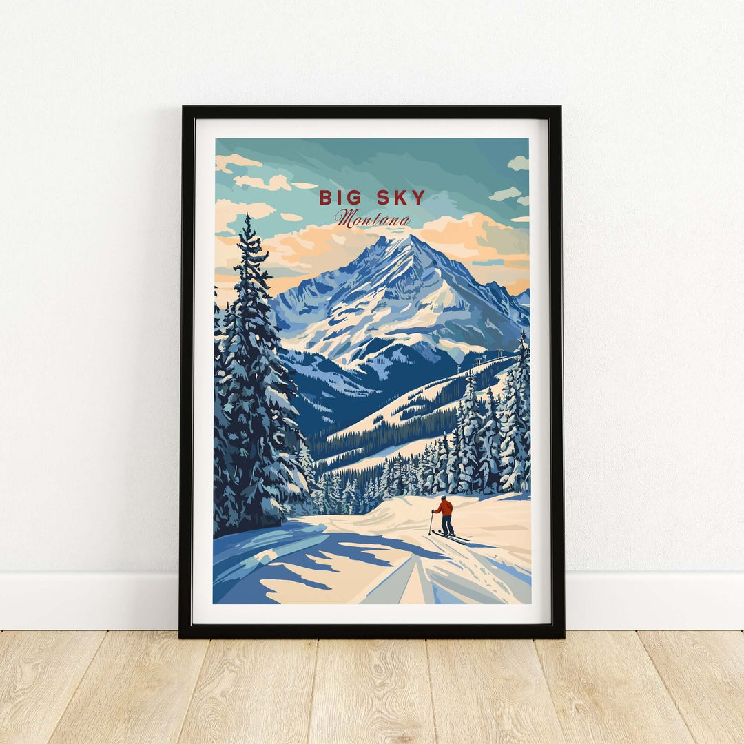 Framed Big Sky Wall Art featuring a snowy mountain landscape and skier in Montana, adding nature's beauty to home decor.