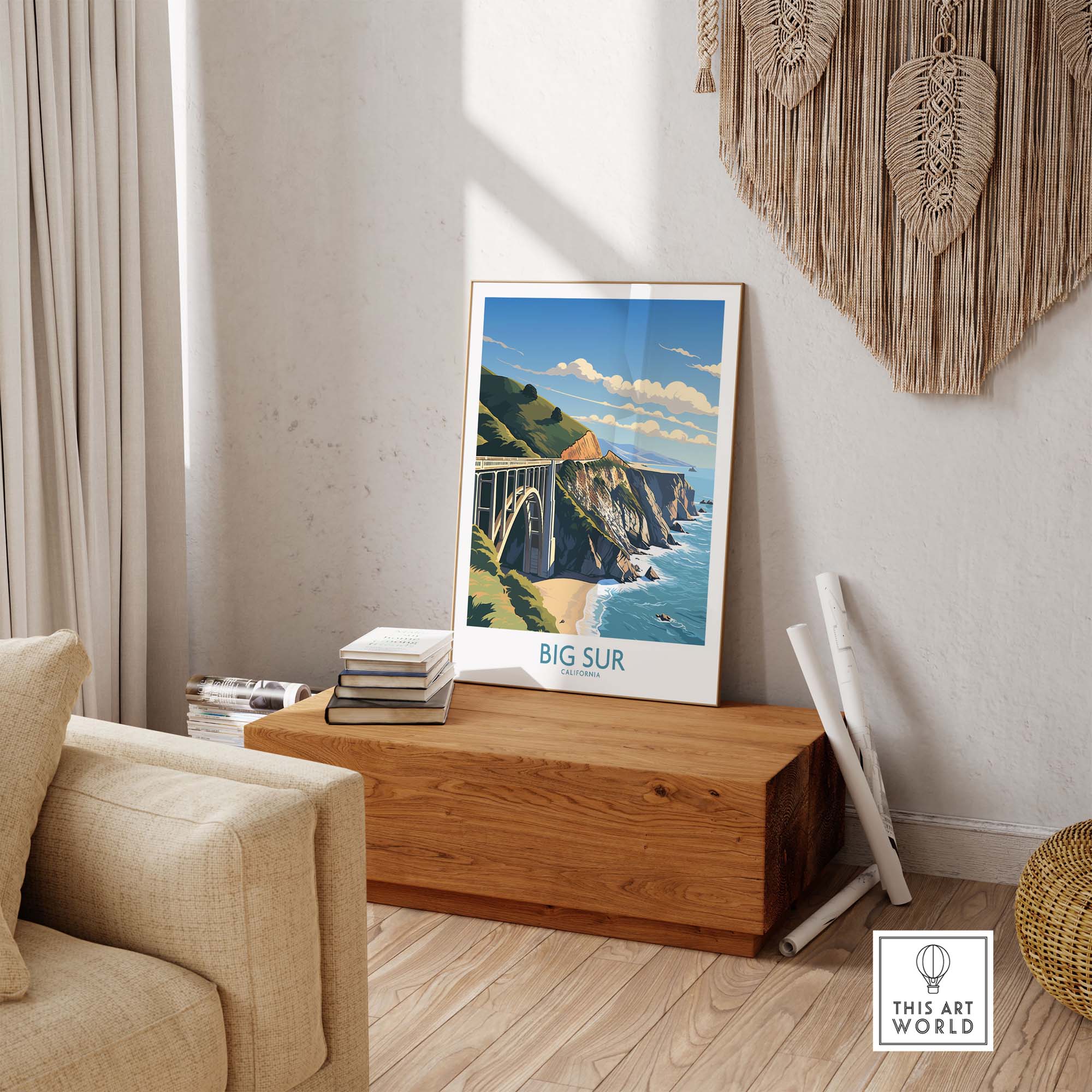 Modern Big Sur wall art print showcasing California's coastline in a stylish home setting.