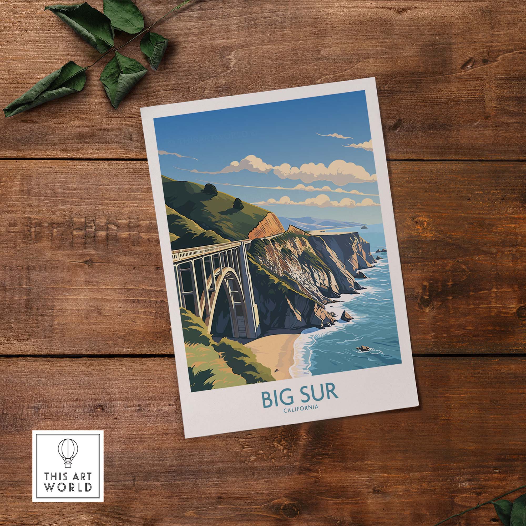 Big Sur wall art print showcasing California coast with bridge and ocean view, perfect for modern home decor.