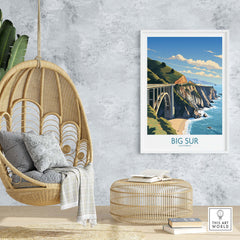 Big Sur wall art print in modern decor with hanging chair and coastal scenery, perfect for home accent and gift.