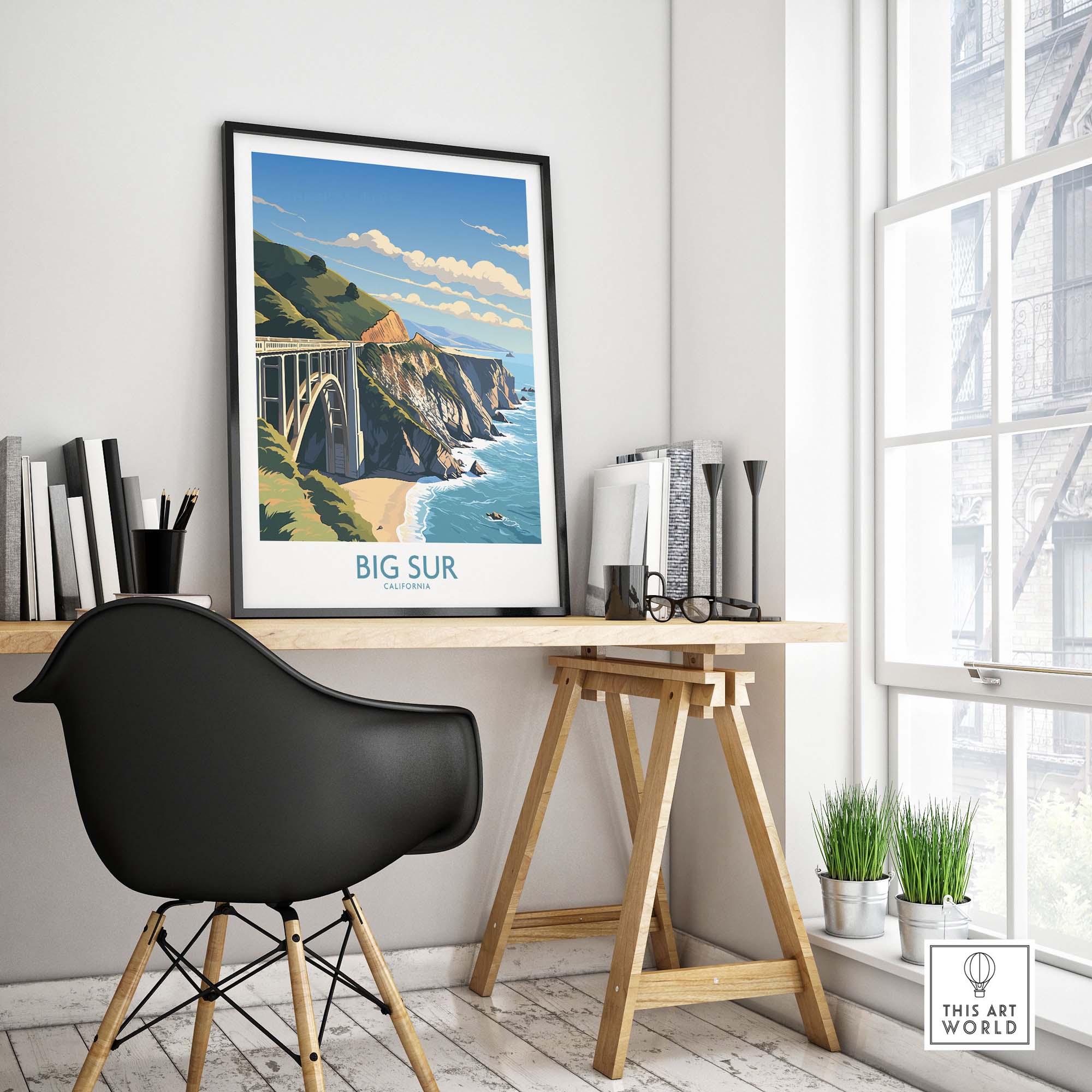 Big Sur wall art print in modern decor setting, showcasing the California coast with stylish design.