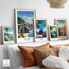 Framed Big Sur wall art among other travel prints, showcasing modern decor styles for a stylish home.