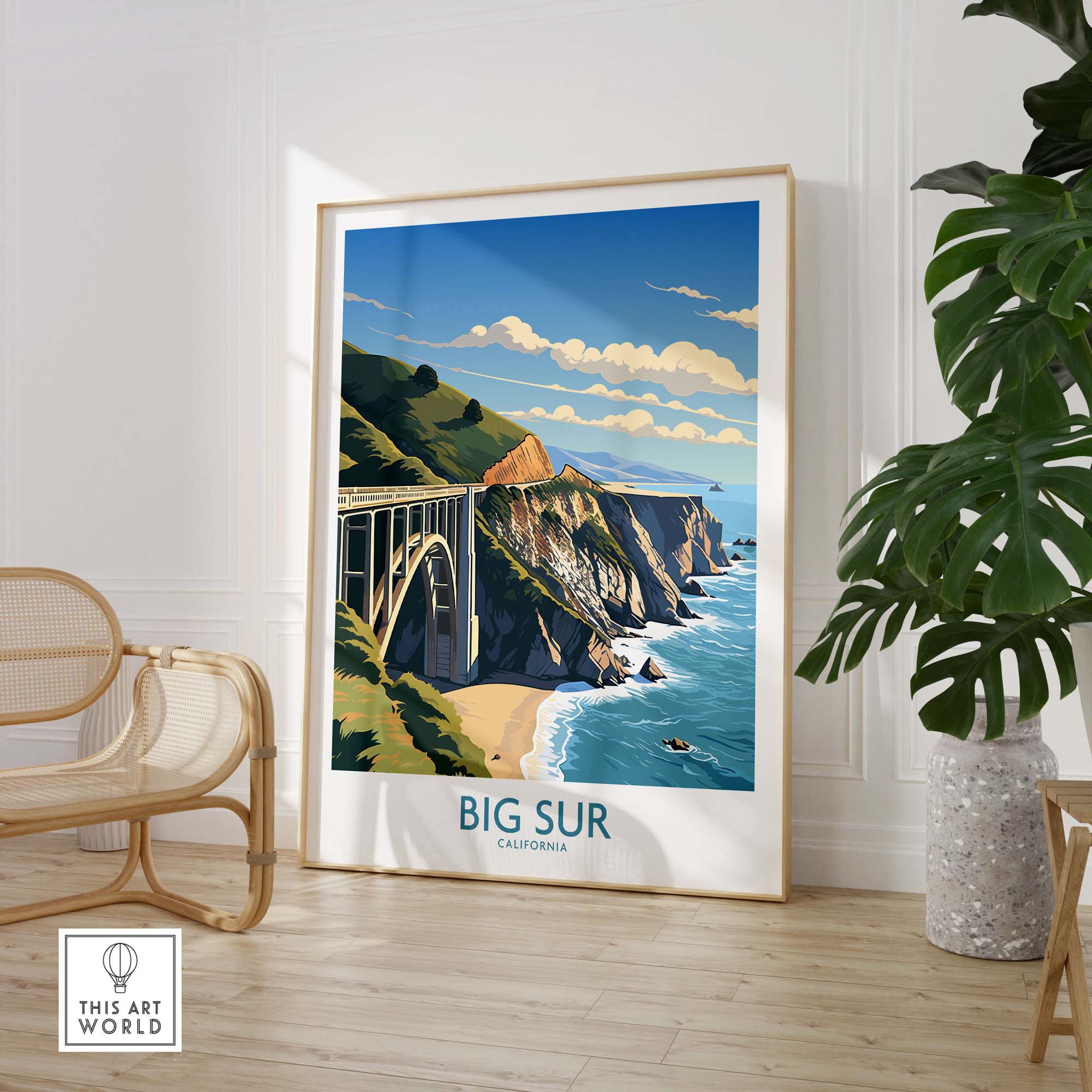 Framed Big Sur wall art showcasing the California coast, perfect for modern home decor and gallery walls.