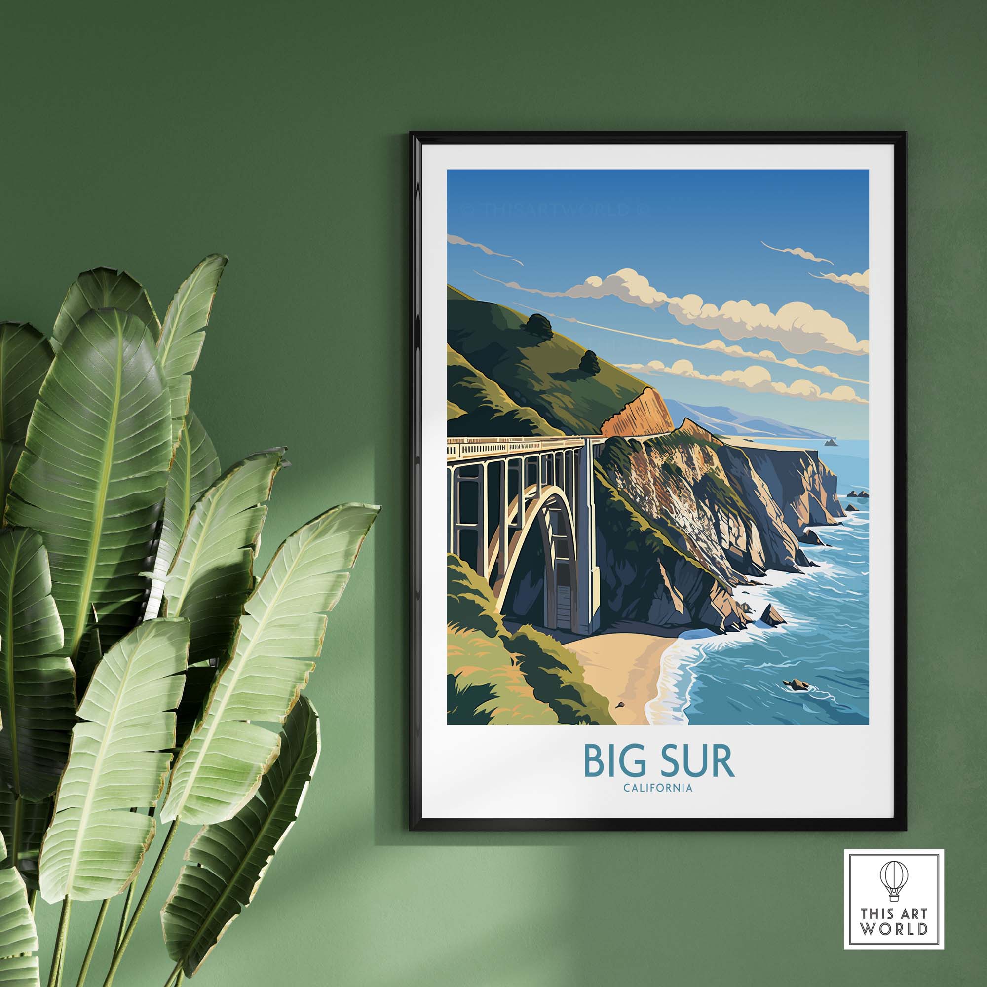 Framed Big Sur wall art print featuring the California coastline, perfect for modern home decor.