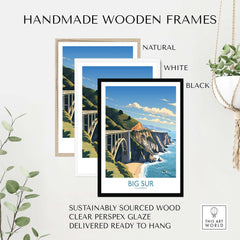 Big Sur wall art in handmade wooden frames in natural, white, and black styles, ready to hang for stylish home decor.