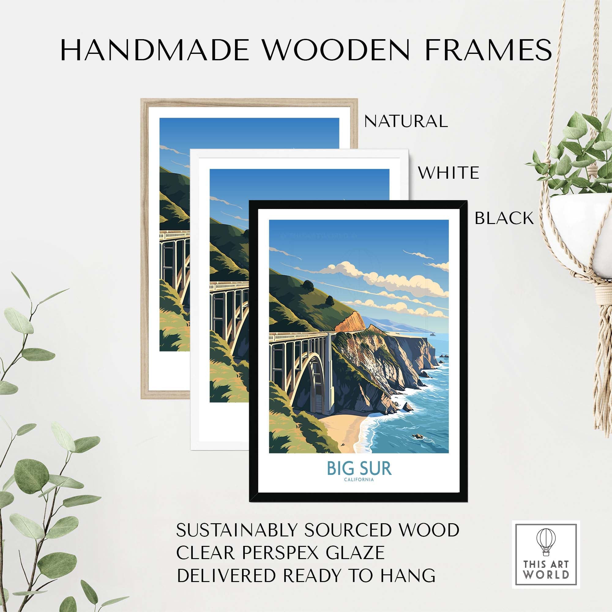 Big Sur wall art in handmade wooden frames in natural, white, and black styles, ready to hang for stylish home decor.