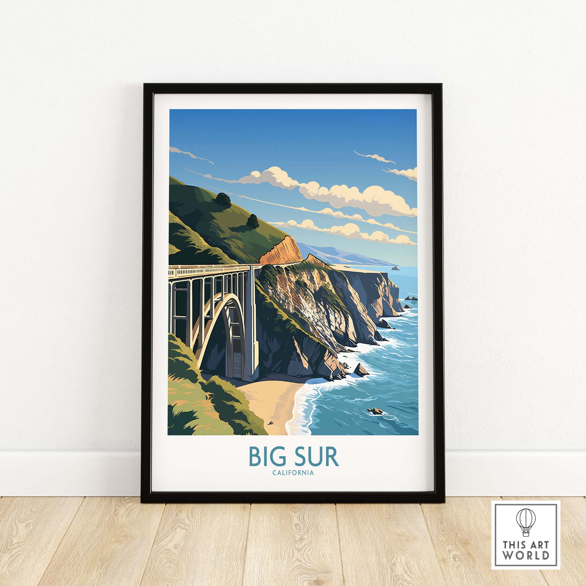 Big Sur wall art print showcasing California's stunning coastline and bridge in modern style, perfect for home decor.