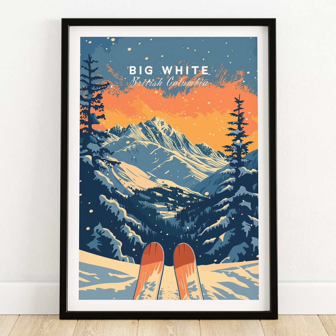 Big White Travel Poster - British Columbia scenic design showcasing mountains and ski slopes at sunset.