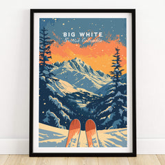 Big White Travel Poster - British Columbia scenic design showcasing mountains and ski slopes at sunset.