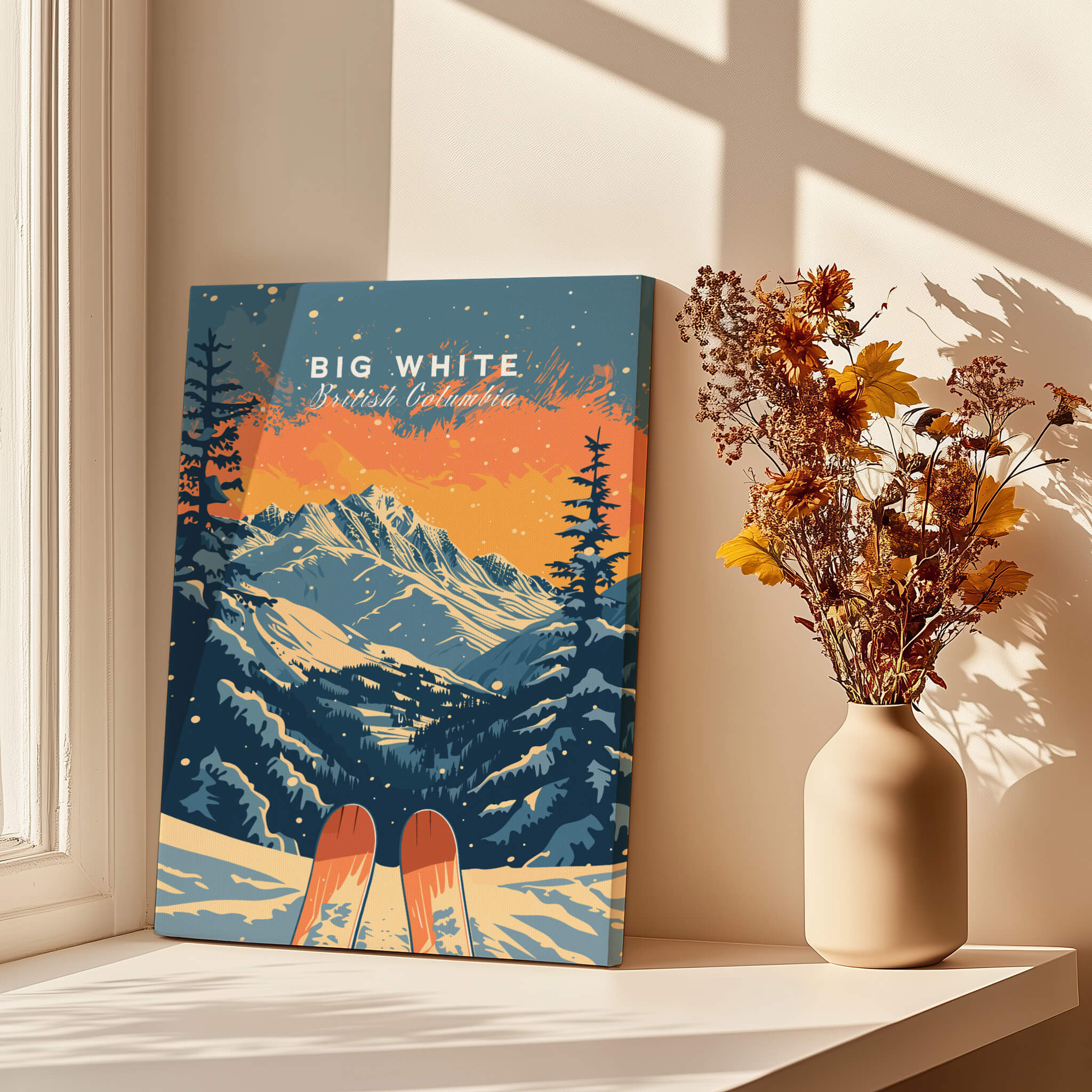 Big White Travel Poster - British Columbia showcasing snowy mountains and skis, ideal for home decor.