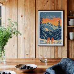 Big White Travel Poster - British Columbia displayed in a rustic home setting with skis and natural decor.